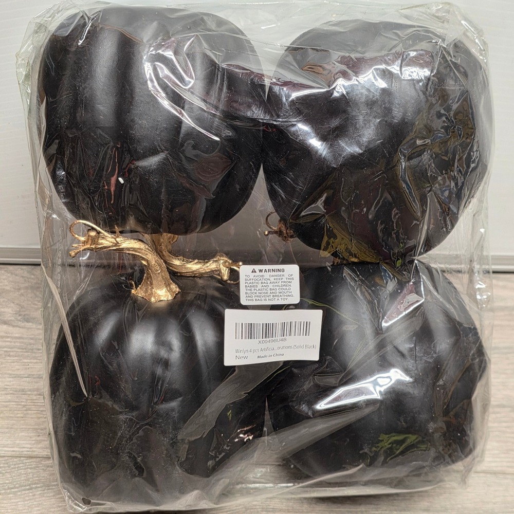 Winlyn 4 Pcs Artificial Black Pumpkins with Gold Stems Halloween Decor 7 inch